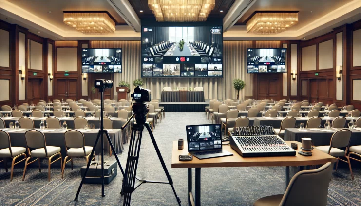 Setup profesional de cámaras y audio para streaming en un salón de hotel.