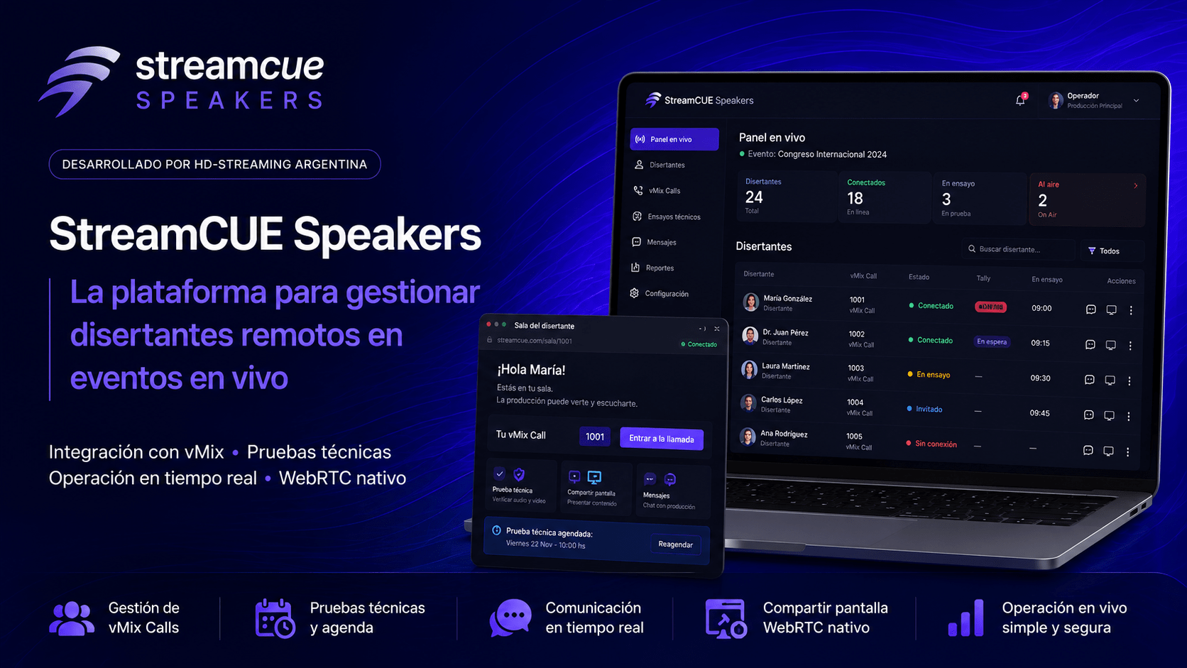 StreamCUE Speakers, plataforma para gestionar disertantes remotos y vMix Calls en eventos en vivo.